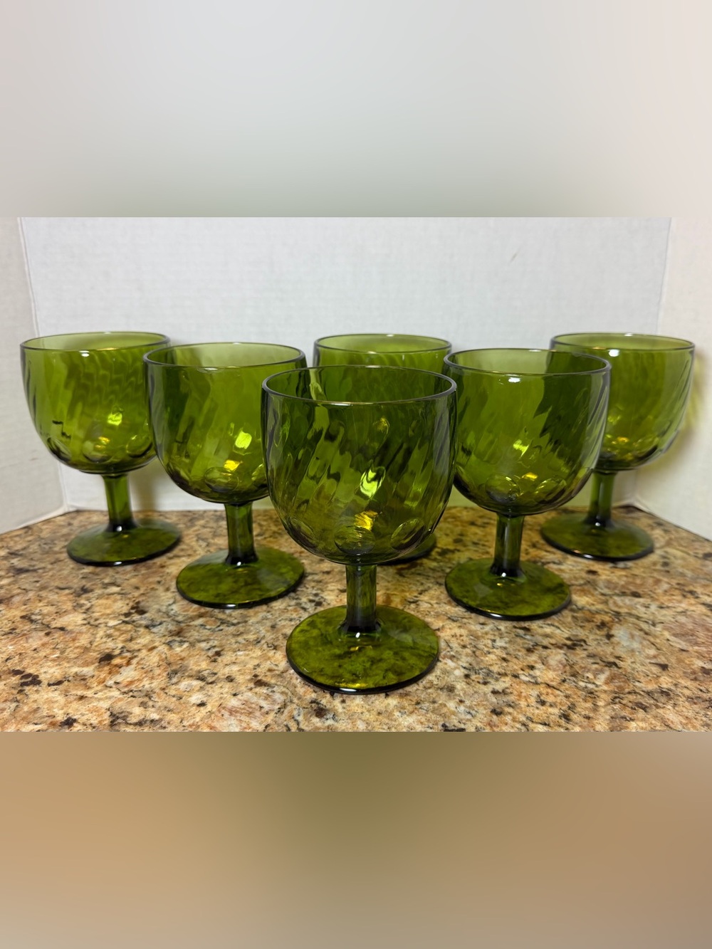 (6) Vintage Bartlett Collins Green Thumbprint Ribbed Goblets / Glasses